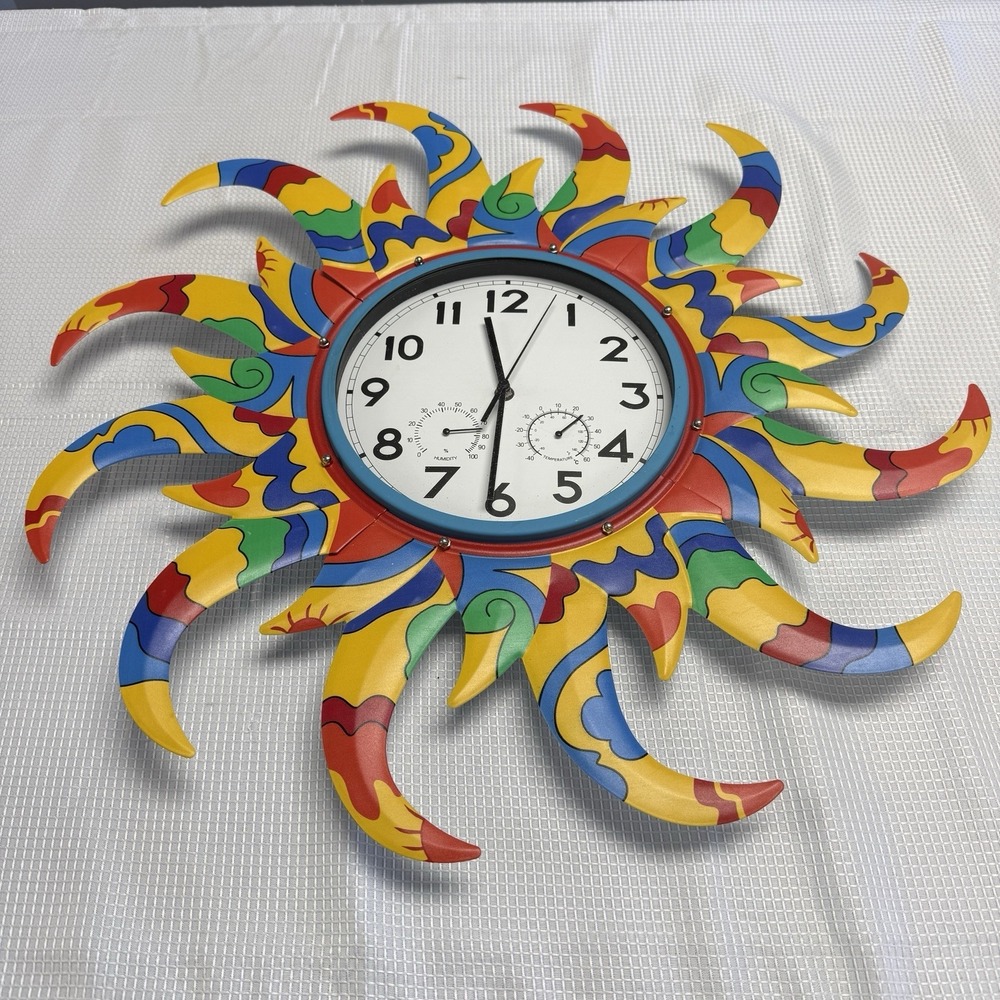 25" Sun-Shaped Outdoor Clock Thermometer Bright Colorful Landscaping Works *Read